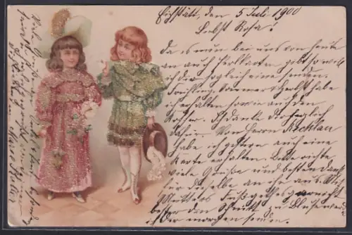 Glitzer-Perl-AK Elegant gekleidete Kinder