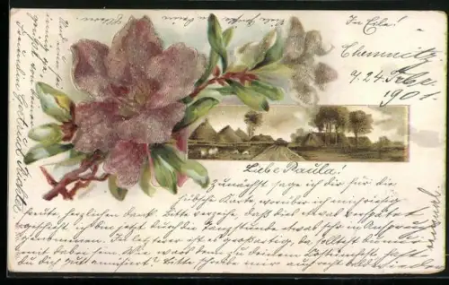 Glitzer-Perl-AK Blühende Blume und idyllische Landschaft