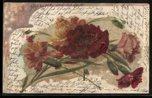 Glitzer-Perl-AK Blühende Blumen mit Blättern