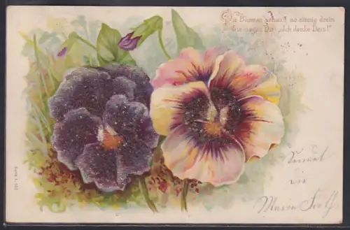 Glitzer-Perl-AK Wunderschöne Stiefmütterchen mit Sinnspruch