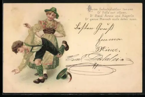 Glitzer-Perl-AK Kinder in Tracht tanzen Schuhplattler