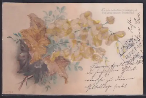 Glitzer-Perl-AK Blühende Blumen und Blätter