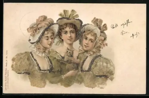 Glitzer-Perl-AK Drei hübsche Damen
