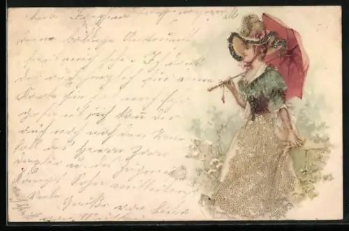 Glitzer-Perl-AK Elegante Dame mit Schirm