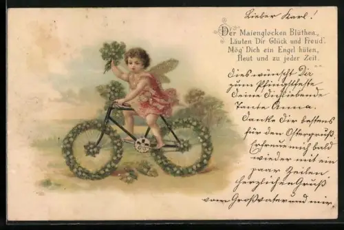 Glitzer-Perl-AK Fee auf einem Blumen-Fahrrad