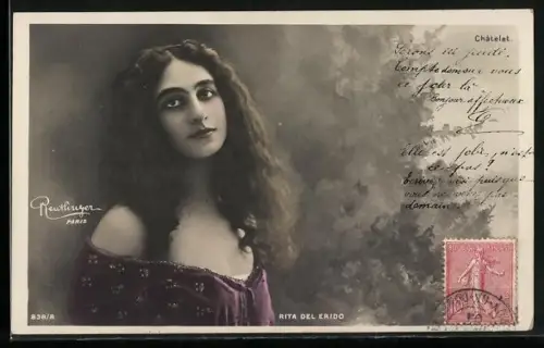 Glitzer-Perl-AK Rita del Erido im lila Kleid