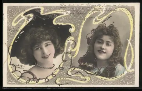 Glitzer-Perl-AK Elegante lächelnde junge Frauen