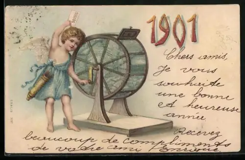 Glitzer-Perl-AK Neujahrsengel zieht die Losnummern der Neujahrstombola 1901