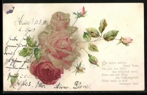 Glitzer-Perl-AK Blühende rosa Rosen