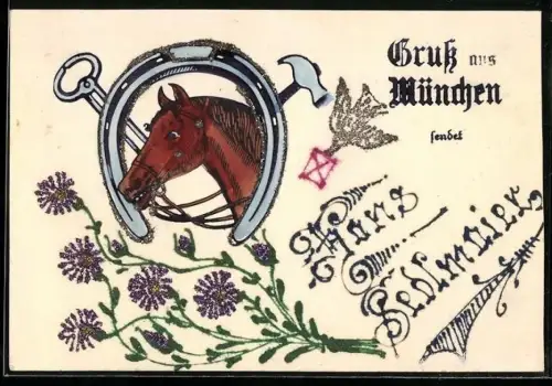 Glitzer-Perl-AK Pferd mit Hufeisen