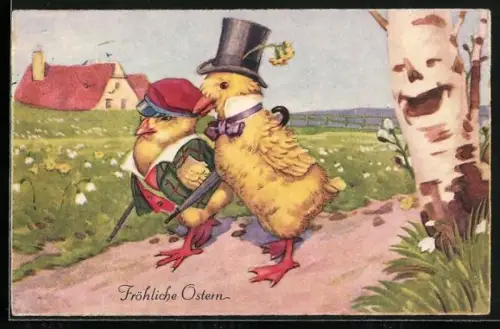 AK Zwei Osterküken spazieren über eine Wiese