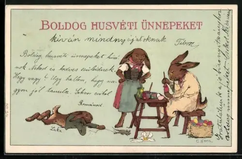 AK Fröhliche Ostern, Osterhasenfamilie malt Eier bunt an