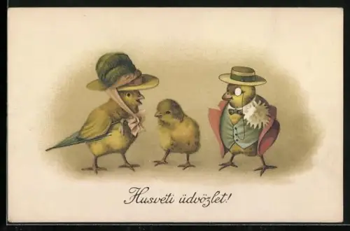 AK Osterküken-Paar mit Kind, Husveti üdvözlet