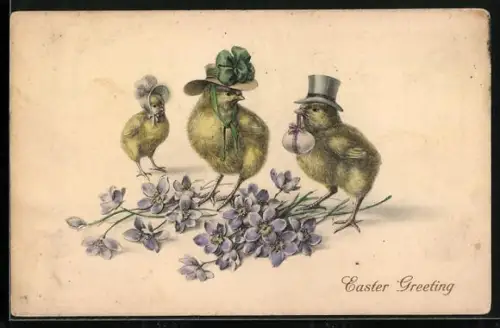 AK Osterküken mit Zylinder, Blumen, Ostern
