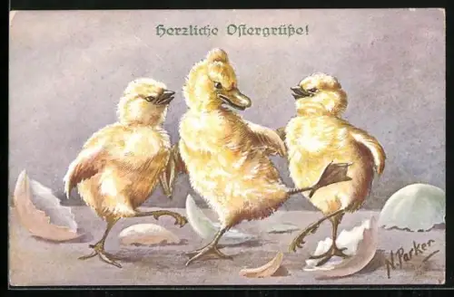 Künstler-AK Drei Osterküken schlüpfen aus ihren Schalen