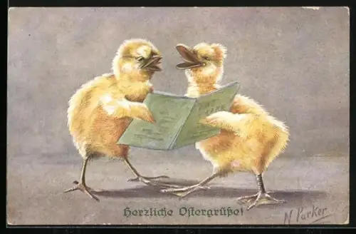AK Zwei singende Osterküken mit Noten