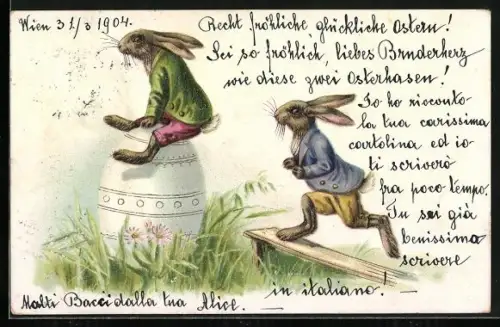 AK Osterhasen springen über ein Osterei