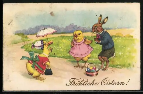 AK Osterhase und Osterküken im Gespräch auf einer Wiese