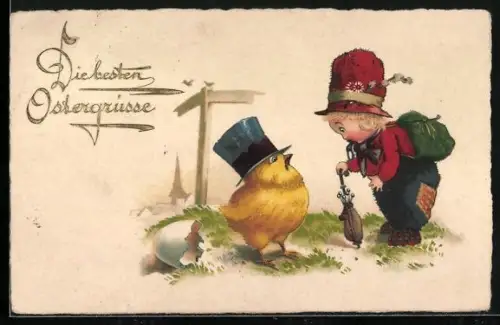 AK Kind im Gespräch mit einem Osterküken, Die besten Ostergrüsse