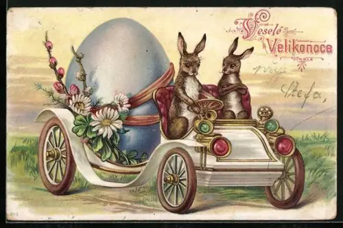AK Osterhasen sitzen im Auto, Veselé Velikonoce