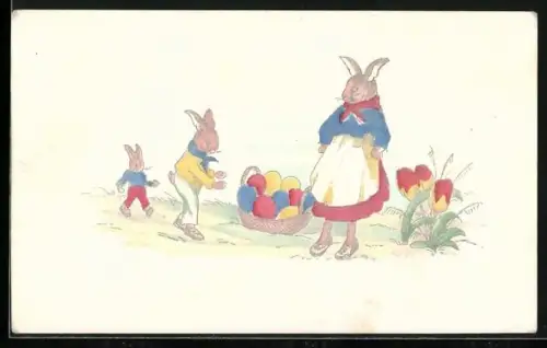 AK Osterhasen-Mutter mit ihren Kindern auf einer Wiese
