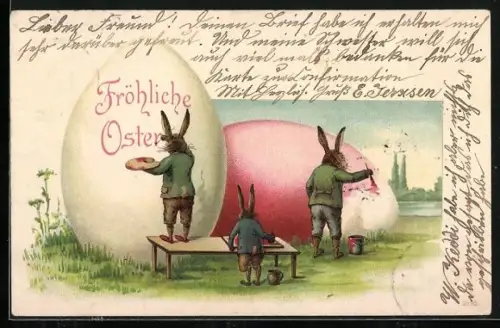 AK Osterhasen bemalen gigantische Eier