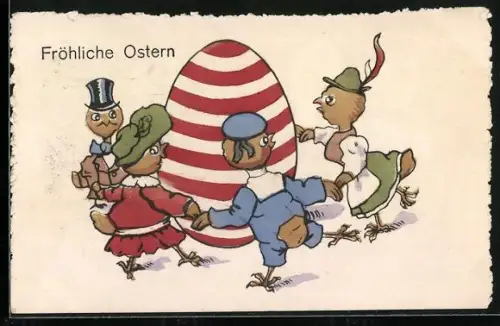AK Osterküken tanzen um ein buntes Osterei