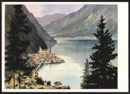 Künstler-AK Hallstatt, Ortsansicht mit Salzkammergut