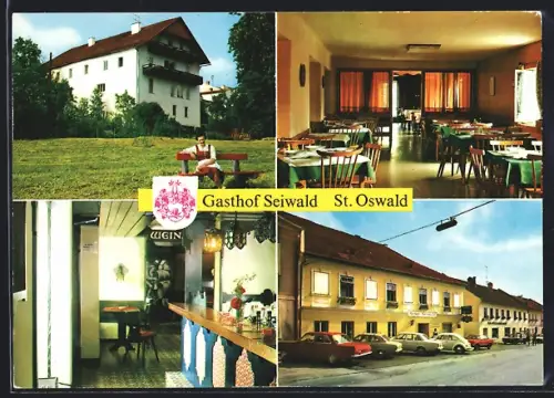 AK St. Oswald bei Freistadt, Gasthof Seiwald mit Strasse, Innenansichten, Wappen