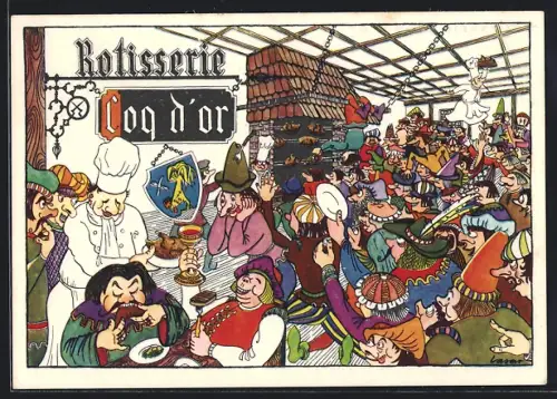 Künstler-AK Wien I, Restaurant Rotisserie Coq d'Or, Führichgasse 1