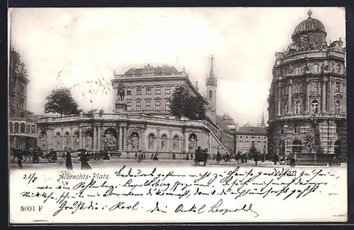 AK Wien, Albrechts-Platz, Panorama mit Kuppelgebäude, Reiterstandbild u. Turm
