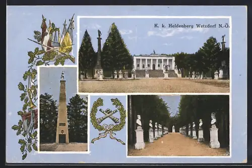 AK Wetzdorf /N.-Ö., K. k. Heldenberg, Allee, Panorama, Turm, Fahnen