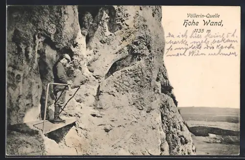 AK Hohe Wand, Völlerin-Quelle mit einem Bergsteiger