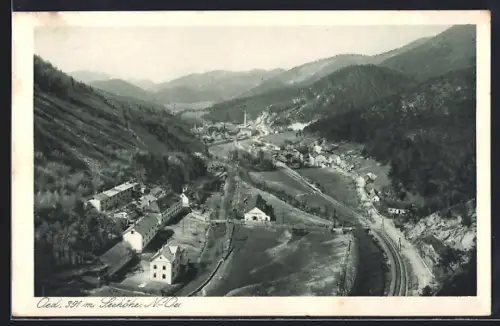 AK Oed /N.-Oe., Gesamtansicht mit Bahnschienen aus der Vogelschau