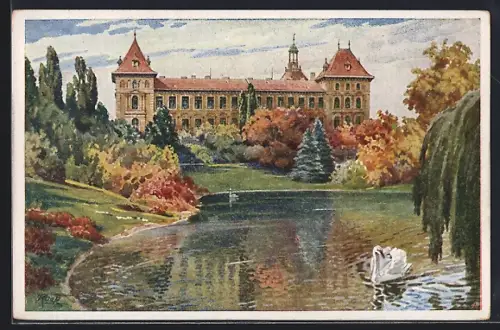 Künstler-AK Wien, Türkenschanzpark gegen die Hochschule für Bodenkultur, mit Teich