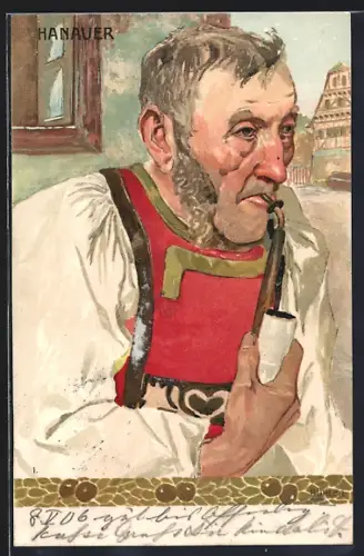 Künstler-AK Hanau, Hanauer in Tracht mit Pfeife