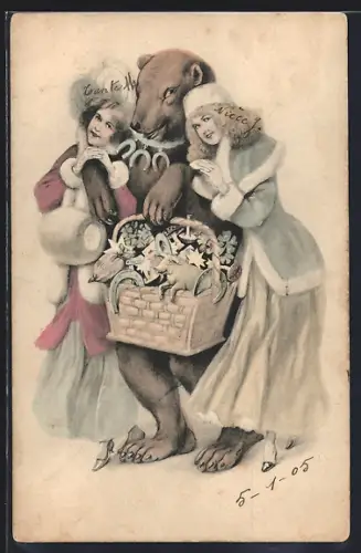 AK Fröhliches Neujahr, Junge Damen und Bär mit Korb voller Glücksbringer