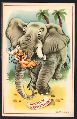 Künstler-AK Karel L.Links: Elefant trägt mit seinen Stosszähnen eine Hängematte mit einem kleinen Löwen mit Krone