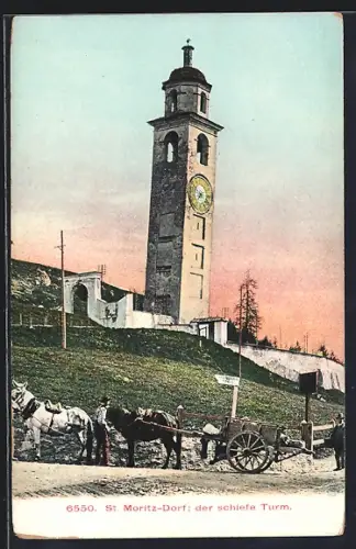 AK St. Moritz-Dorf, der schiefe Turm im Sonnenschein
