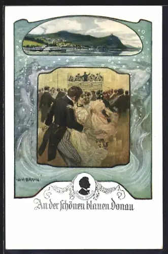Künstler-AK W. Braun: An der schönen blauen Donau, Tanzpaare und Ortsansicht