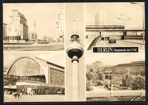 AK Berlin, Strausberger Platz, Bahnhof Alexanderplatz, Bahnhof Friedrichstrasse, Fernsehturm, Strassenbahn