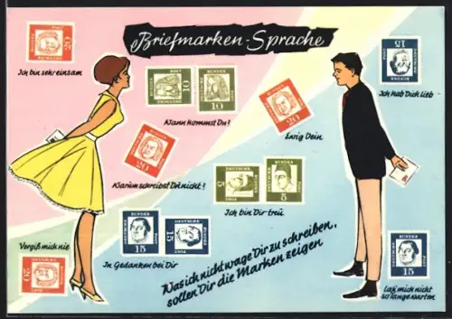 AK Briefmarkensprache für Verliebte Ewig Dein, Ich hab dich lieb und Vergiss mich nie