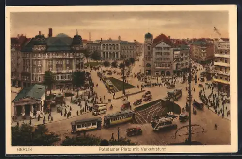 AK Berlin, Potsdamer Platz mit Pelzwarengeschäft Teit, Verkehrsturm und Strassenbahn