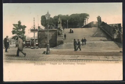 AK Dresden, Treppe zur Brühlschen Terrasse, Strassenbahn