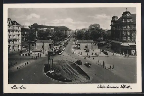 AK Berlin, Blick auf den Potsdamer Platz mit Strassenbahn