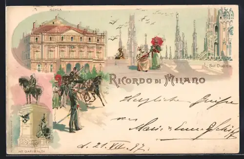 Lithographie Milano, Scala, Duomo, Monumento a Garibaldi