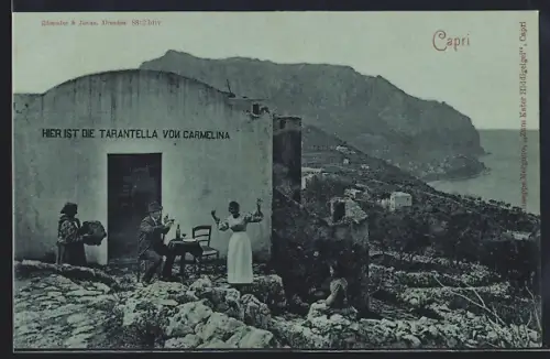 Mondschein-AK Capri, Hier ist die Tarantella von Carmelina, Tänzerin vor einem Haus