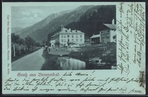 Mondschein-AK Brenner, Ortspartie mit Brücke