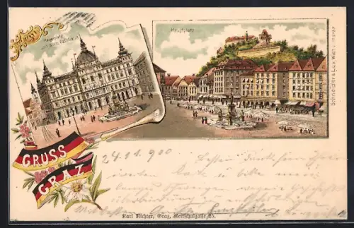 Lithographie Graz, Hauptplatz mit dem Rathaus