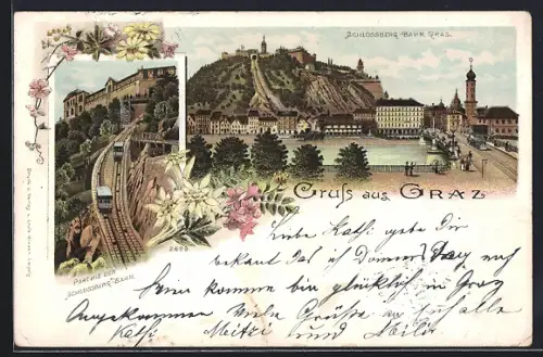 Lithographie Graz, Schlossbergbahn, Totalansicht